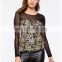 OEM cheap fancy gold-toned sequins long sleeves women floral top blouse