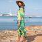 2019 New Bohemian Printed V-Neck Half Sleeve Summer Beach Dress Green Cotton Tunic Women Beachwear Midi Dress Robe de plage