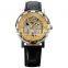 Winner Men Leather Gold Dial Skeleton Mechanical Watch