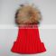 Hand made wholesale 100% acrylic striped pattern winter hats crochet hats big fur ball poms hats