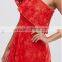 Guangzhou Clothing OEM Frill Detail Bright Red Floral Jacquard One Shoulder Dress