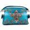 Trendy Cowgirl Purse Rhinestone Croc Skin Cross Shoulder Handbag Wallet Set Blue