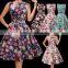 2016 Summer Fashion Women Printed A Line Dresses Ladies Horizontal collar Sleeveless Belt Tunic Floral Dress