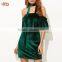 Pictures of Women Velvet Evening Dress Dark Green Off The Shoulder Ruffle Sleeve Velvet Dress With Neck Tie HSD7820