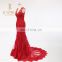 Newest Fashion Lace Appliqued Beaded Red Tulle Evening Dresses 2016 V Neckline Sheer Back Mermaid Prom Dresses