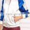 MGOO Fashion Foshan Manufacturer Custom Satin Baseball Jackets For Women White And Blue Block Bomber Jackets