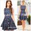 Lady Blue Casual Party Swing Midi Crew Neck Polka Dot Dress