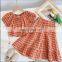 2020 summer girls suit plaid short-sleeved one-shoulder two-piece top and half-length