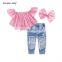 Children's clothing ins European and American hot style girls one-shoulder top + ripped jeans + headwear suit