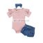 Pure color summer sets pit striped short-sleeved shirt waist protection denim shorts three-piece baby girl suit