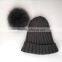 Myfur Dark Grey Knitting Hat for Adults With Real Fox Fur Pompom