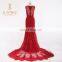 Newest Fashion Lace Appliqued Beaded Red Tulle Evening Dresses 2016 V Neckline Sheer Back Mermaid Prom Dresses