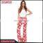 Spring Summer Design Coral Red Floral Print Lady Pants Relax Wide Leg Casual Pants For Women