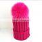 Myfur Hot Pink Rose Winter Wool Knit Hat With Fox Fur Pompom Attached