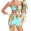 Marvelous 3-Piece Multi Sea Green Floral Print Bikini Top, BoyLeg Bottom Beach Sarong