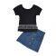 Summer Kids Children Girl Short Sleeve Black Shirts Tops Shirts Jeans Skirts 2 PCS Kids Set Outfits Clothes Set