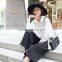Woman fashion long bell sleeve white color bow front loose chiffon blouse