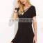 Black Deep V Neck Criss Cross Dress Polyester Spandex Summer Short Sleeve Casual Plain Short Dress