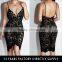 Ladies new model Deep v open back bodycon midi dress girls sexy black contrast lace night dress