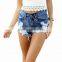 Lace Floral Beading Shorts Wash Rivet Decorated Girls Jeans Pants