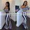 Fashion Women Two Piece Flare Top And Pants Stripe Tracksuit Set