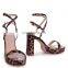 Women beautiful fancy leopard print design high block heels platform crossover double ankle strap sandals ladies shoes