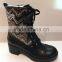 lace up with decorative patterns half leather boots for young woman