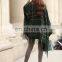 Ladies acrylic green shred woven stripe checked yarn dye fur collar ruana cappa shawls stole scarf
