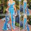Fashion 2016 Summer Lady Long Boho Beach Tank Dress Blue Floral Print Sleeveless Sash Side Slip Maxi Tunic Women Dresses sexy