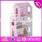 New design 13 pieces of furniture 3 floor pretend play pink wooden cottage dollhouse for children W06A230
