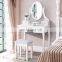 White Vanity Table with Oval Mirror/ 5 Drawers Makeup Table with Mirror Wood Dressing Table w/Cushioned Stool