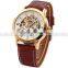 Vintage Gold Stainless Steel Case Mens Hollow Skeleton Leather Automatic Mechanical Wrist Watch