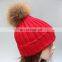 Stock purity color crochet raccoon/fox fur pompom fashion winter beanies