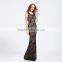 V-241-1 black lace with nude knit and 1/2 round neckline sleeveless full length 2016 prom dress party dress