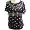 Polka dots Chiffon Round neck with Flower Lace Short Sleeve Ladies Blouse