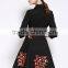 Ladies Autumn/winter V Neck 3/4 Sleeve Embroidered A-line Dress