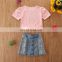 Sweet girls 2 pcs summer clothes Toddler Baby Girls Polka Dot Summer pink Crop Tops T-Shirt Denim Ripped Skirt Outfit Set