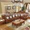 luxury classic antique european style living room furniture L shape solid wood leather corner sofa set