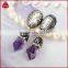 Silver Silver Plated Pearl & Natural Rough Amethyst With Black Gun Zircon Dangle Jewelry Stud Earrings