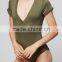 Runwaylover Rolled Short Sleeve V Neck Bodysuit For Women