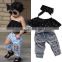 3Pcs Set Fashion Children Girls Clothes 2017 Summer Off Shoulder Dot Tank Tops+Hole Jean Denim Pant Headband Kid Kids Clothing