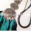 Retro Style Flock Necklaces Jewelry Coffee Flocking Chain Three Round Engraved Metal Black Blue Feather Pendant Long Body Chain