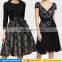 Vintage black wrap embroidery lace knee length casual cocktail party dresses for elegant mature women over 50