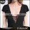 ladies clothing factory black butterfly sleeve lace trim v neck women chic playsuit with zipper