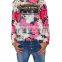 2015 New Fashion Round Neck Floral Printed Long Sleeve Polo Womens T-shirt Wholesale