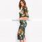 Womens Autumn Dress Bodycon Dresses New Vintage 2016 Spring Summer Office Green Mock Neck Floral Pencil Midi Dress