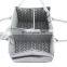 Grey diaper caddy with shoulder belt trim top edge and pocket edge cotton lining