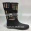 sexy ladies shiny black buckle rubber rain boots with fabric covered