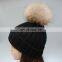 Wholesale mens knitted plain beanie hat with fur pom pom