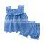 plain blue Hollow out style top with a short 2pcs girls suit wholesale price